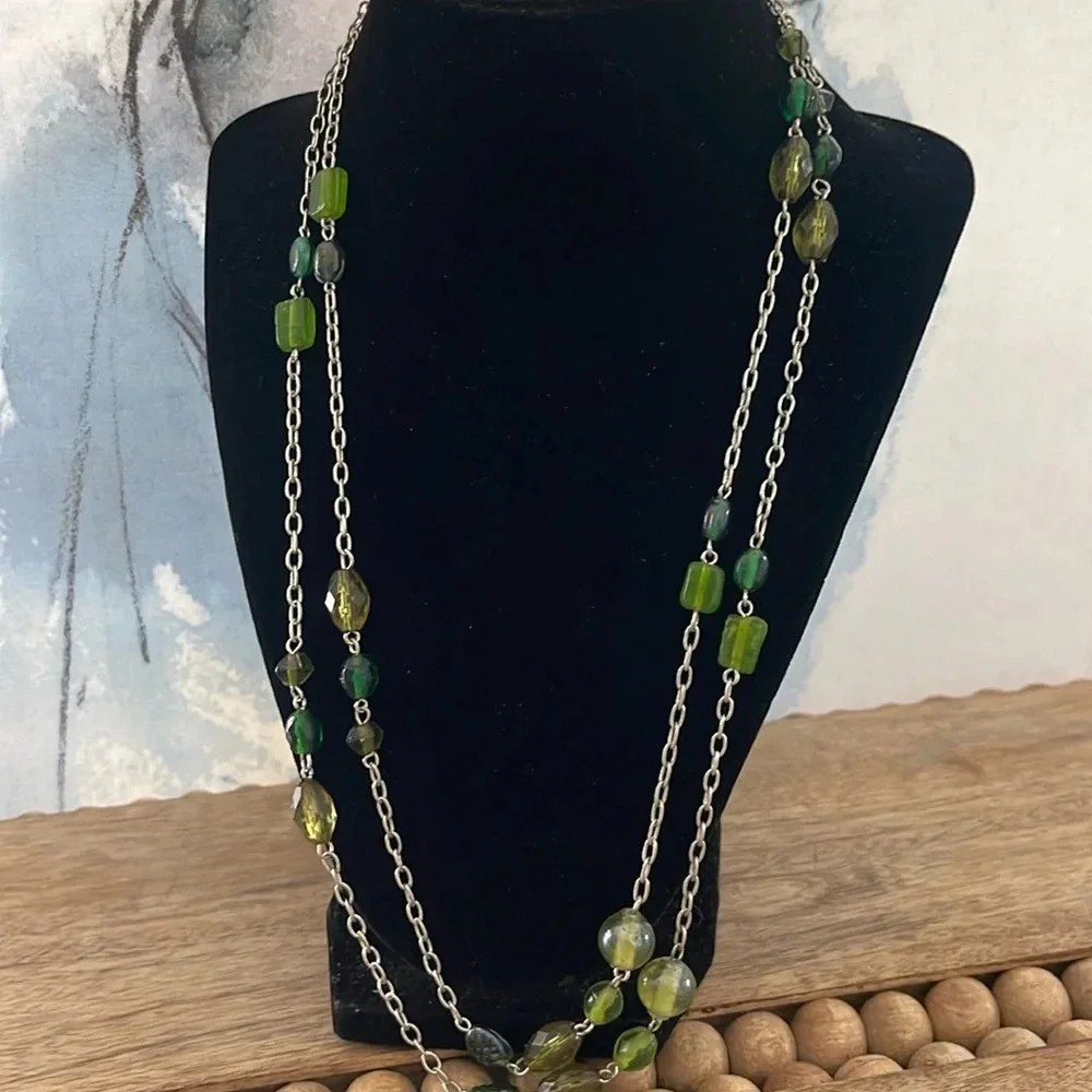 Beaded long necklace glass green silver link chain boho casual